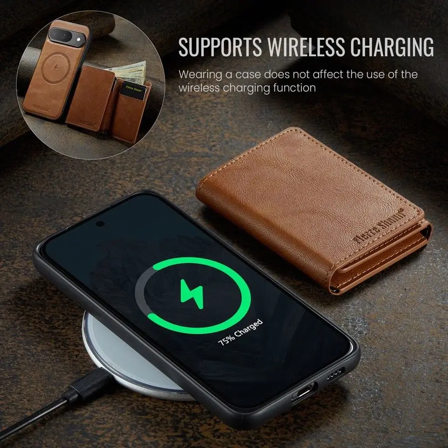 Magnetic Detachable Leather Wallet Phone Stand with Wireless Charging Capability