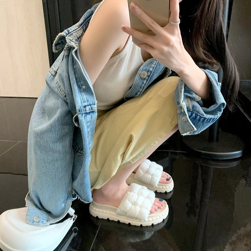 2022 Flats Shoes Woven Soft Women's Slippers Platform Summer Muller Slippers Outdoor Leisure Slip On Slides Open Toe Bread Shoes