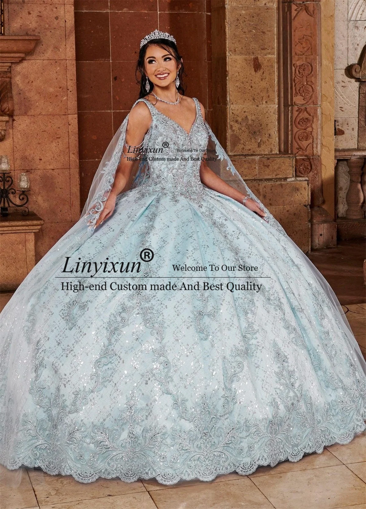 V Neck Cape Sequins Quinceanera Dresses Lace Appliques Princess Ball Gown Sweet 16 Dress Lace-Up Court Train Vestidos De 15 años