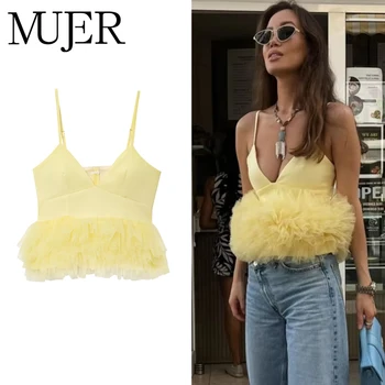 MUJER Yellow Puffy Mesh Tops for Women Strap Ruffle Crop Top Woman Sexy Backless Tulle Top Female Summer Camisole Mini Top Women 1