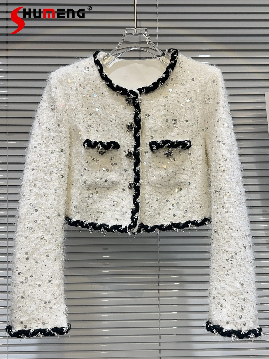 

Fashion Elegant Jacket Women 2023 Winter New Heavy Long-Sleeve Clothes OL High-End Gem Bucket Woven Edge Tweed Short Coat