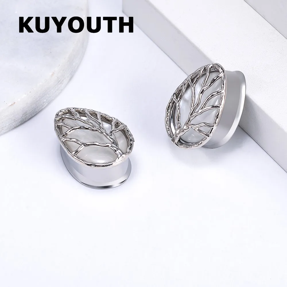 KUYOUTH Neue Edelstahl Shell Lebensbaum Tropfen Form Ohr Ohrring Messgeräte Piercing Körper Schmuck Tunnel Bahren Expander 2PCS – Detail 7