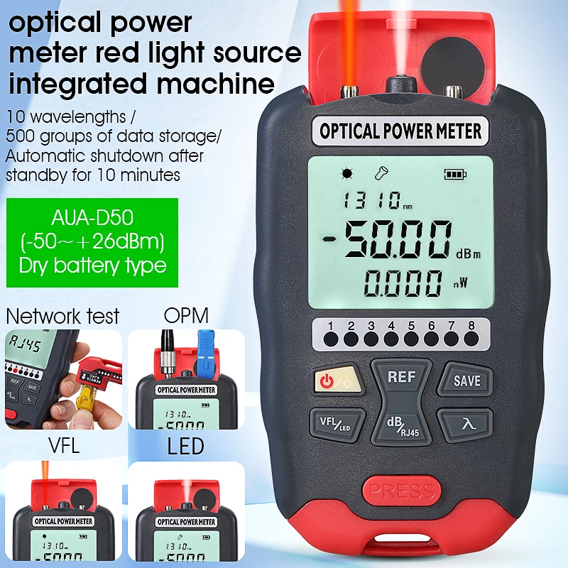 AUA-D50 4 in1 Mini Optical Power Meter Visual Fault Locator Network Cable Test Optical Fiber Tester 1~50mw(optional) cctv tester monitor iv7a 4 3inch ahd 8mp analog camera testing ptz utp cable tester rs 485 ptz contorl utp network cable test