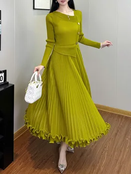 Miyake Pleated Dress Women's 2026 New Ruffled Metal Button Design Slope Collar Long-sleeved Elegant French Pleated Skirt 1