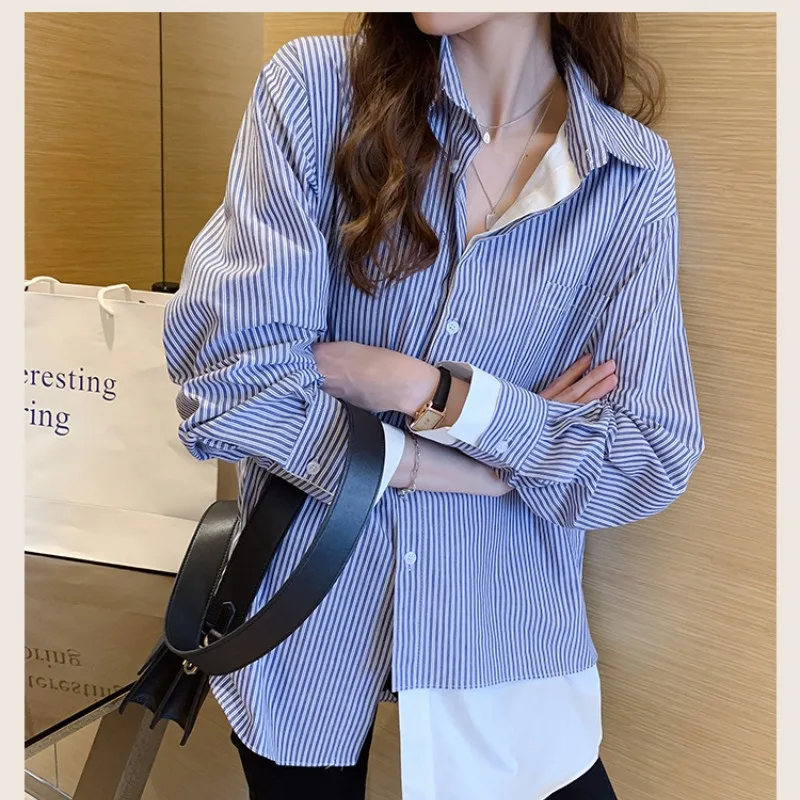 Women's Spring Summer Polo Neckline Vertical Stripe Button Korean Edition Long Sleeve Loose Fake Two Mid Length Shirts Tops