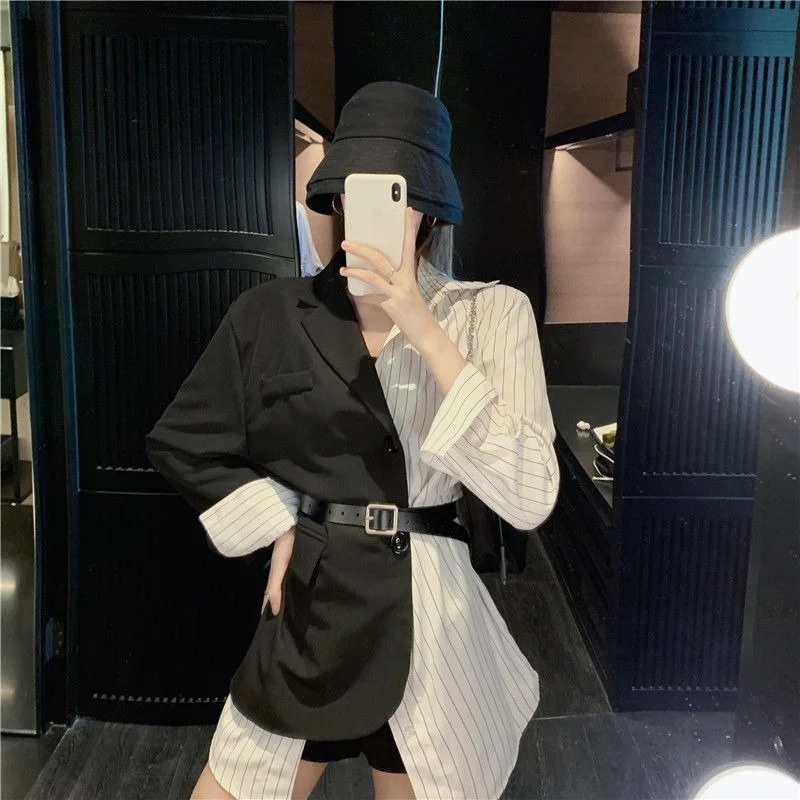 Vintage Patchwork Blazers Women Korean Fashion High Street White Black Blazer  Spring Autumn Chic Slim Outwear All-match
