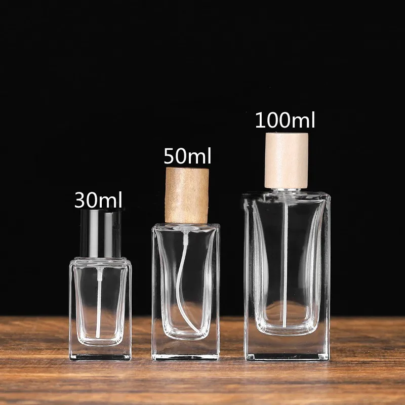 ガラスフレグランススプレー,30ml/50ml/100ml,空の四角い容器,透明な 