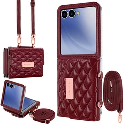 Luxury Soft PU Leather Wallet Phone Case with Crossbody Strap - Durable Protective Cover - Galaxy Z Flip4 (Dark red)