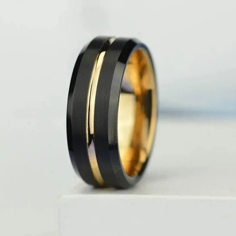 8MM Men Gold Color Groove Stainless Steel Rings Black Brushed Engagement Rings for Men Women Wedding Anniversary Jewelry wedding rings womens ring couple rings finger rings jewelry rings ring jewelry