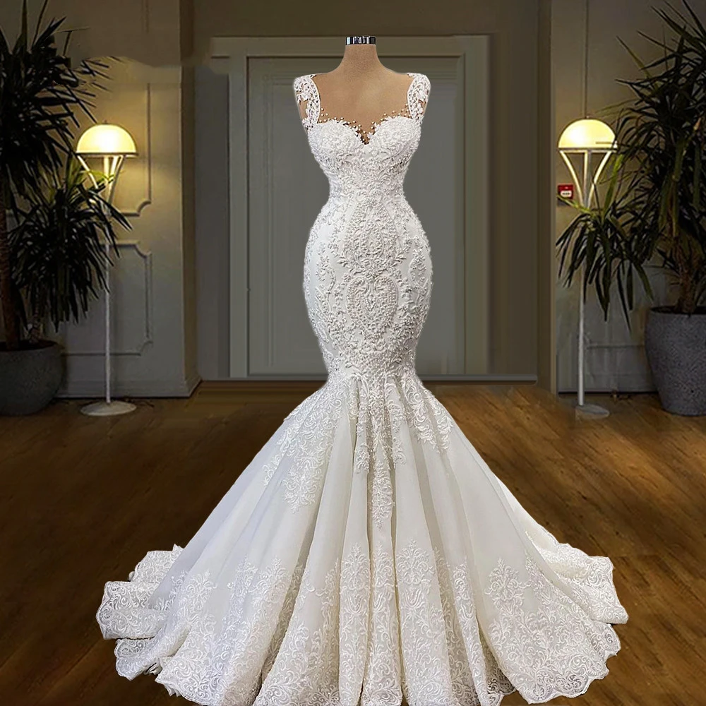

Gorgeous African Mermaid Wedding Dresses Bridal Gowns 3D Lace Appliques Sweep Train Plus Size Vestido De Noiva