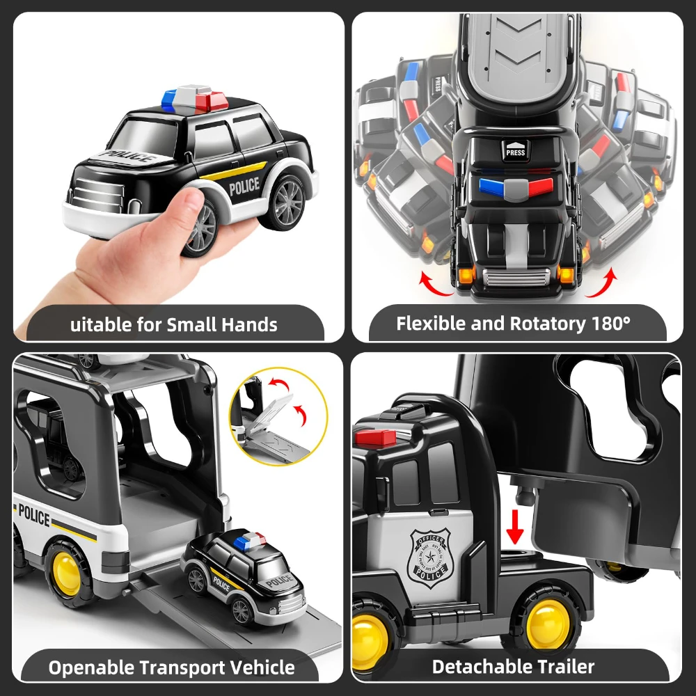 WizKidz Police Truck Toys for Boys & Girls - Carrier Vehicle Set with 5 Mini Cars & 1 Helicopter for Kids Age 3+ Christmas Gift 2