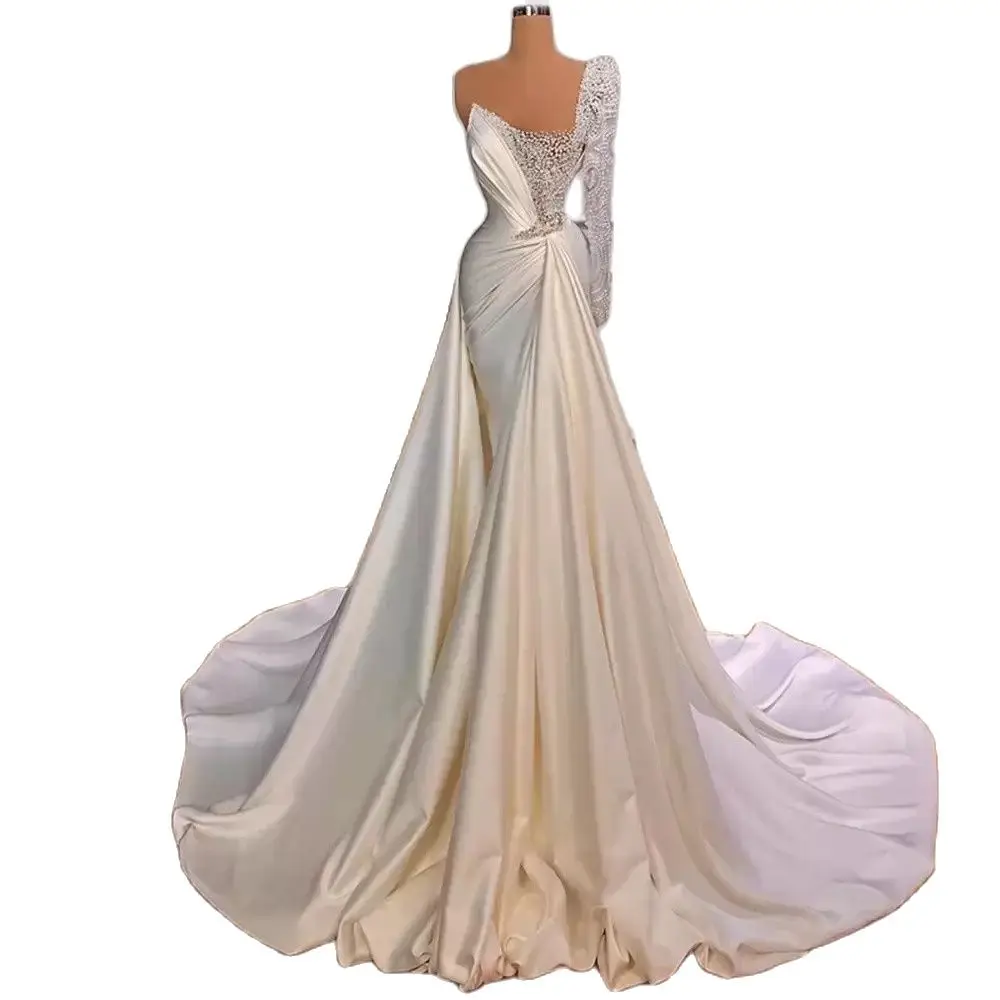 

Luxury Pearls Mermaid Wedding Dress Beading V Neck Satin Long Sleeve Bridal Gowns Elegant Bride Dresses Robes De Mariée