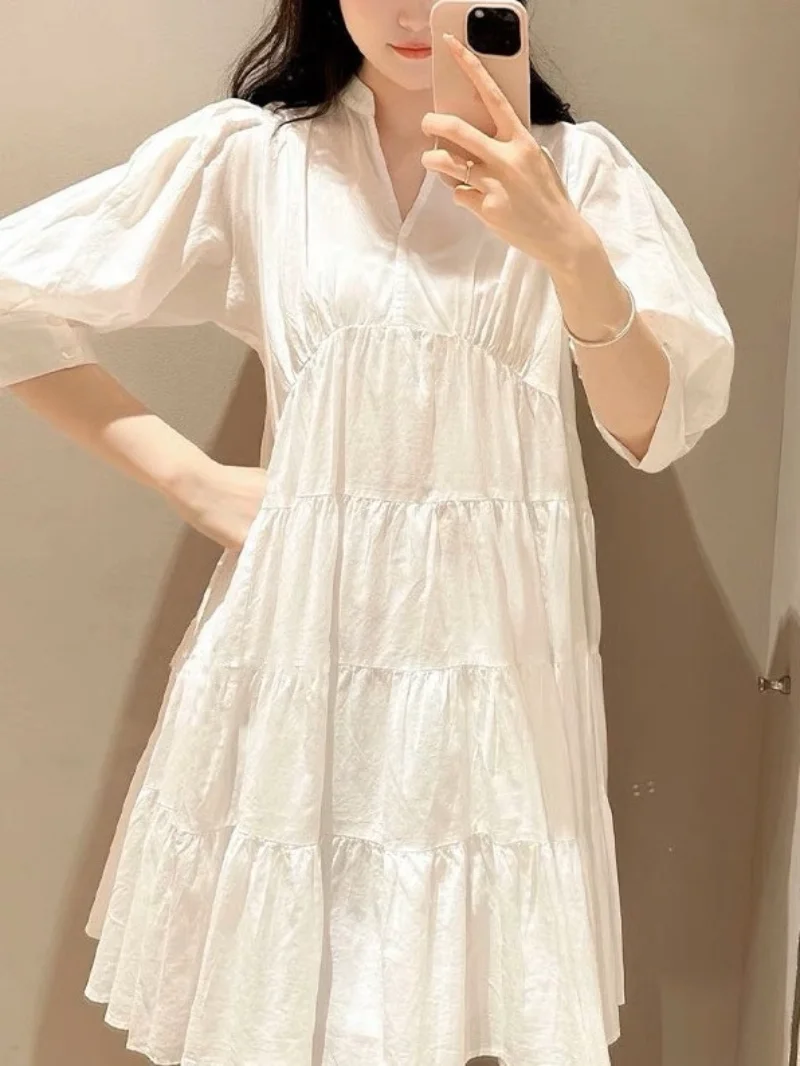 

Korean Retro Solid Patchwork Ruffles Dresses Women Summer Puff Sleeve Robe Chic Sexy V-neck Bodycon Dress Pleated Vestidos