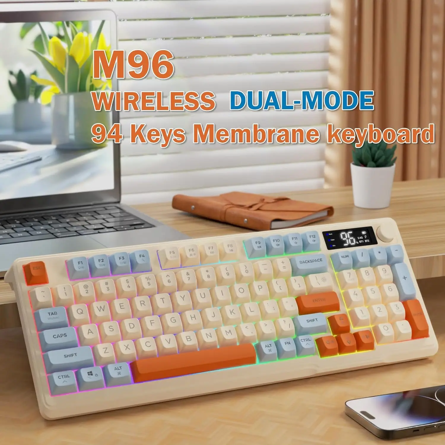 Wireless Gaming Keyboard With Display Screen & Knob, Bluetooth/2.4GHz Quiet Membrane Keyboard, 3000mAh Rechargeable_voghion.com