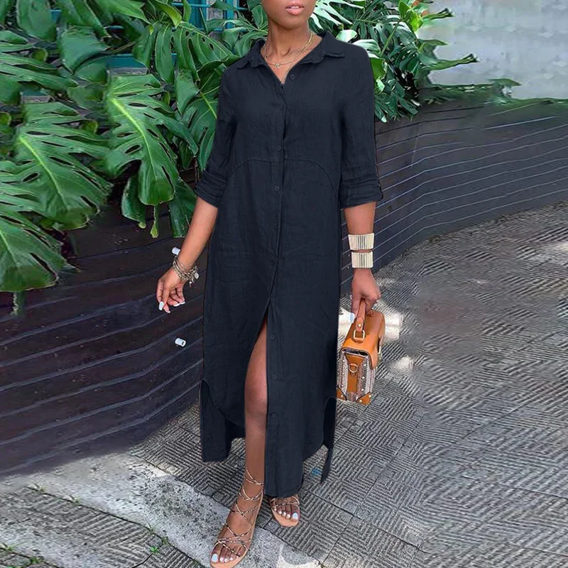 Women Comfortable Casual Cotton Linen Dresses Lapel Single-breasted  Cardigan Dress Spring Autumn Long Sleeve Daily Commuter Gown - AliExpress