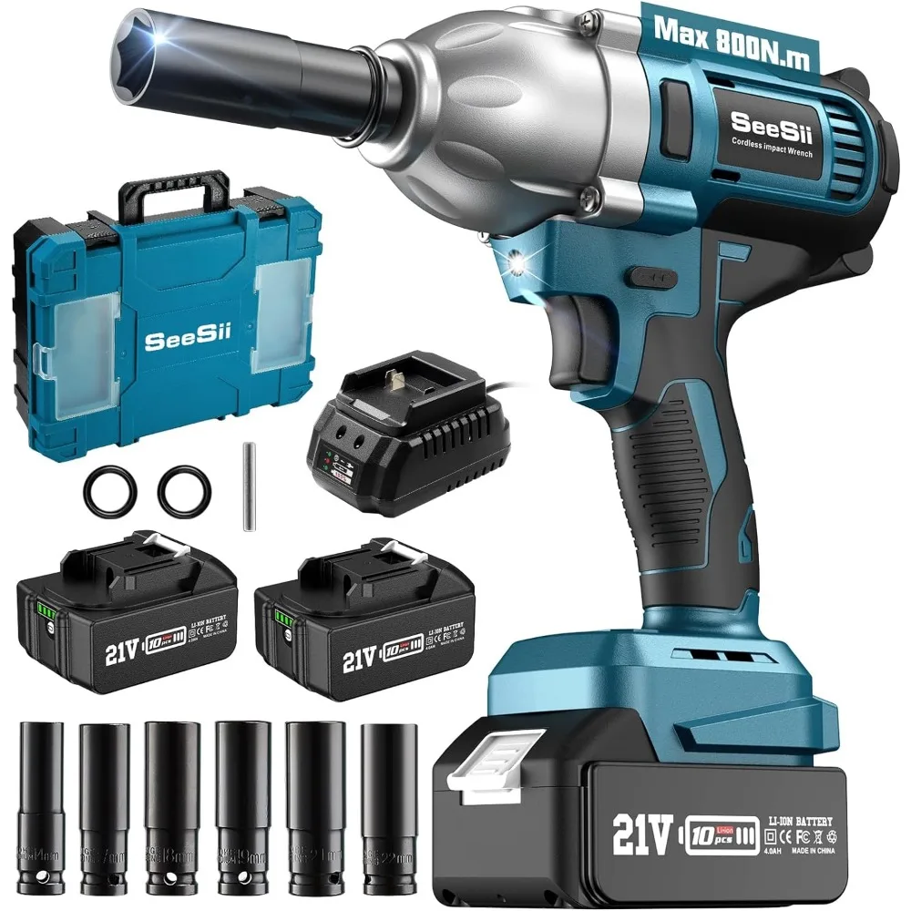 

Cordless Electric Impact Wrench 1/2 inch, 580Ft-lbs(800N.m) Brushless, 3300RPM High Torque Gun w/ 2x Battery,Charger & 6 Sockets