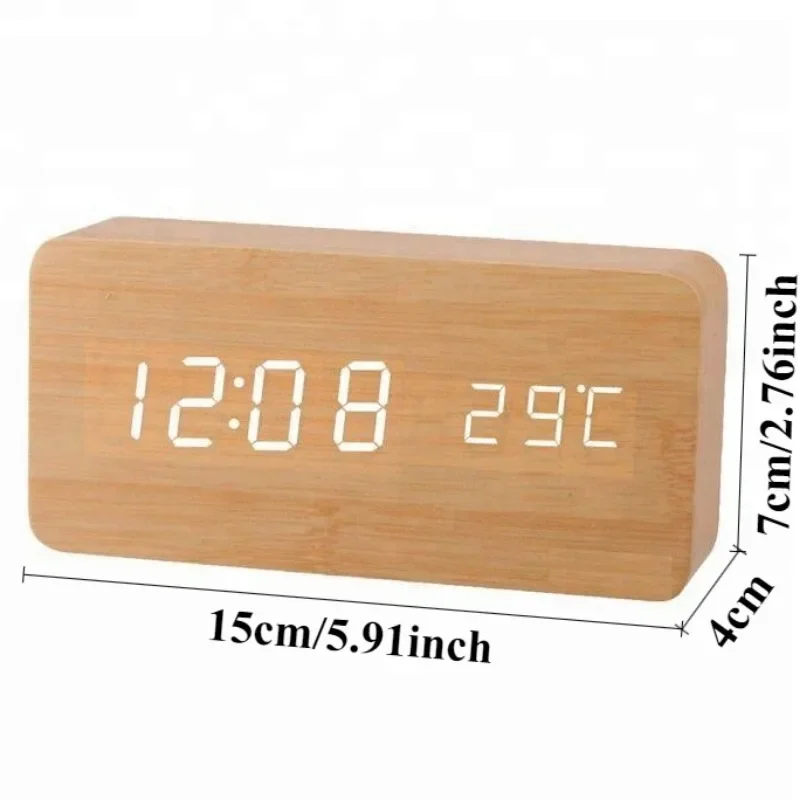 Digital LED Wooden Alarm Clock With Temperature Voice Control Snooze Electronic Desk Clock USB AAA Power Supply Decorations Home 3