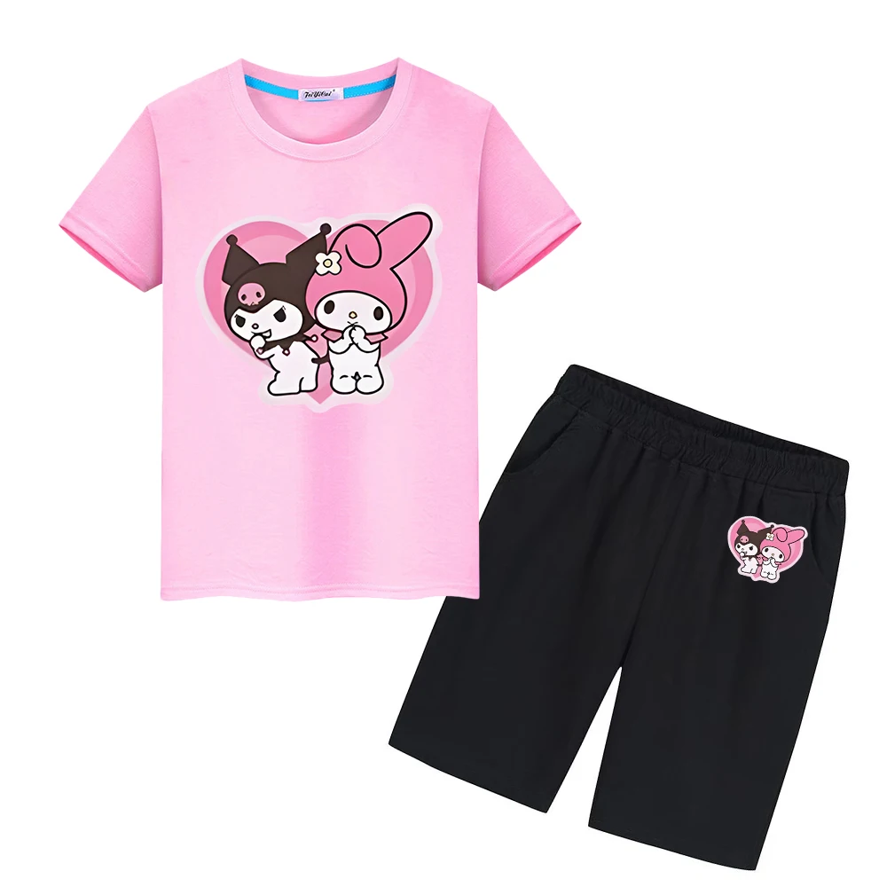 

Sanrio Print 100%Cotton Cute T-shirt boys girls Sports Sets Anime Tshirts Kulomi Melody Kawaii Tops+short kids boutique clothes