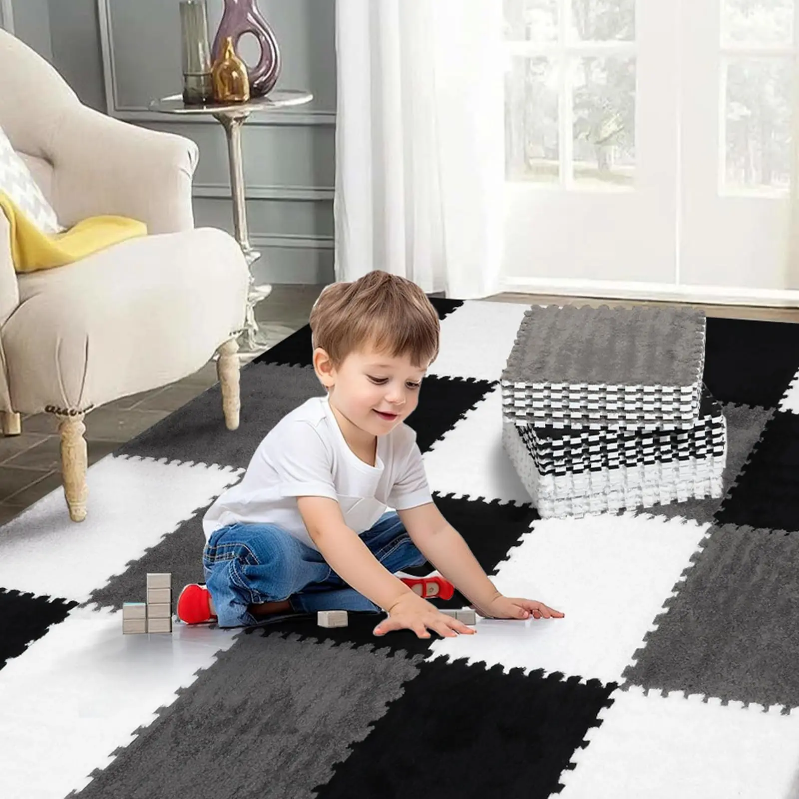 Soft Plush Baby Gym and Playmat 20pcs with Interlocking Foam Floor Mat and Puzzle Toy for Infants Toddlers Black grey