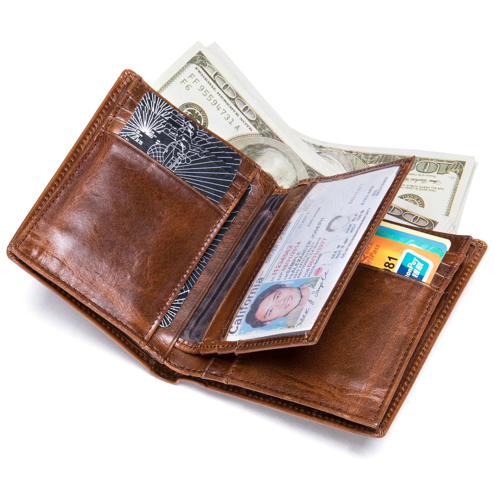 Men's Wallet RFID-Blocking Genuine Leather Bifold Wallet with Flip ID Window Black Brown Large Capacity