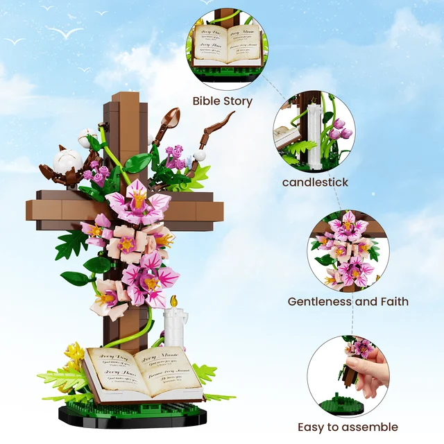 Jesus Cross Flower Building Set,Religious Cross Collectibles Blocks Toys Christmas, Christian, Birthday Gifts for Mothers, Women