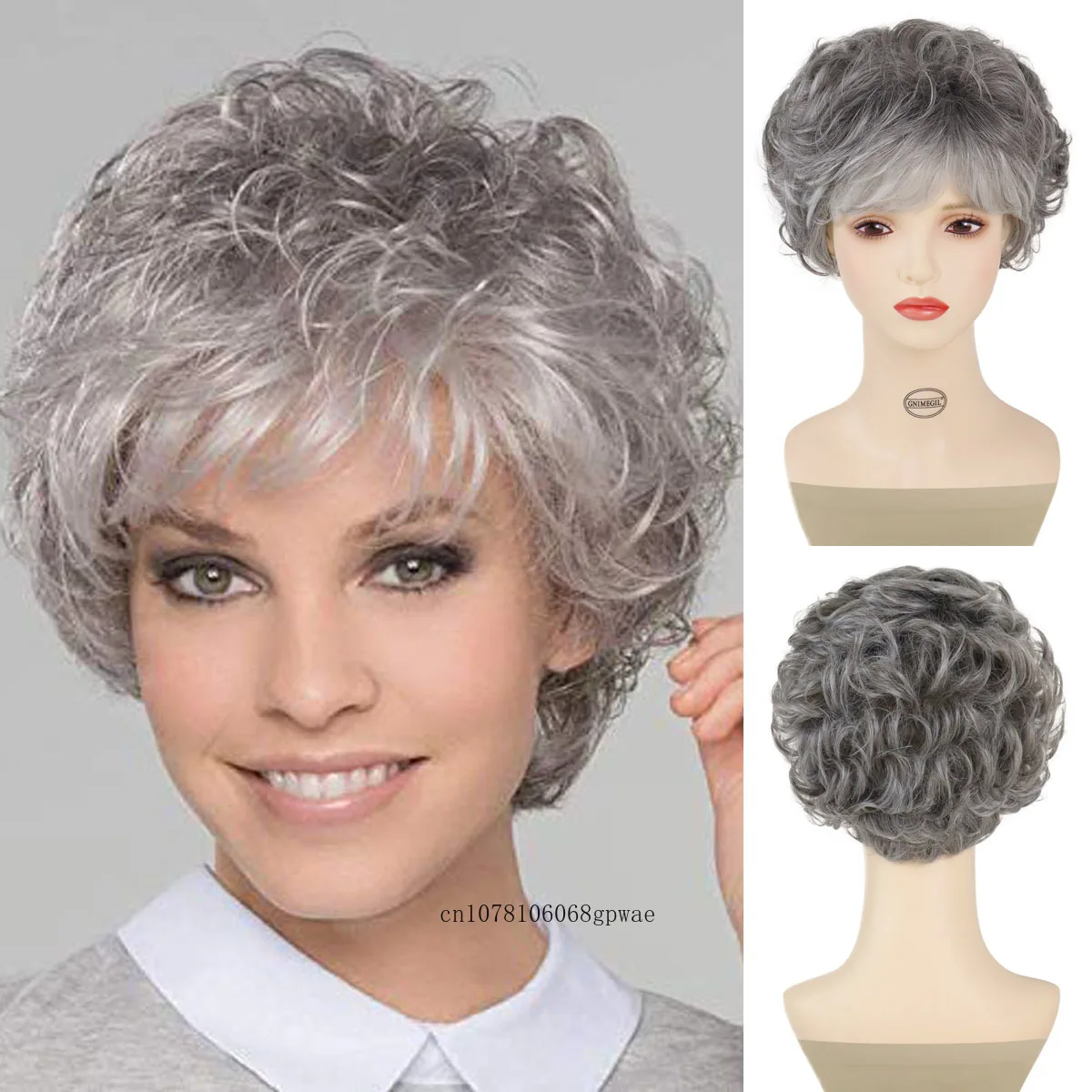 

Grandma Old Lady Wig Ombre Grey Hair Wig for Women Short Curly Wig with Bangs Heat Resistant Cosplay Costume Halloween Party