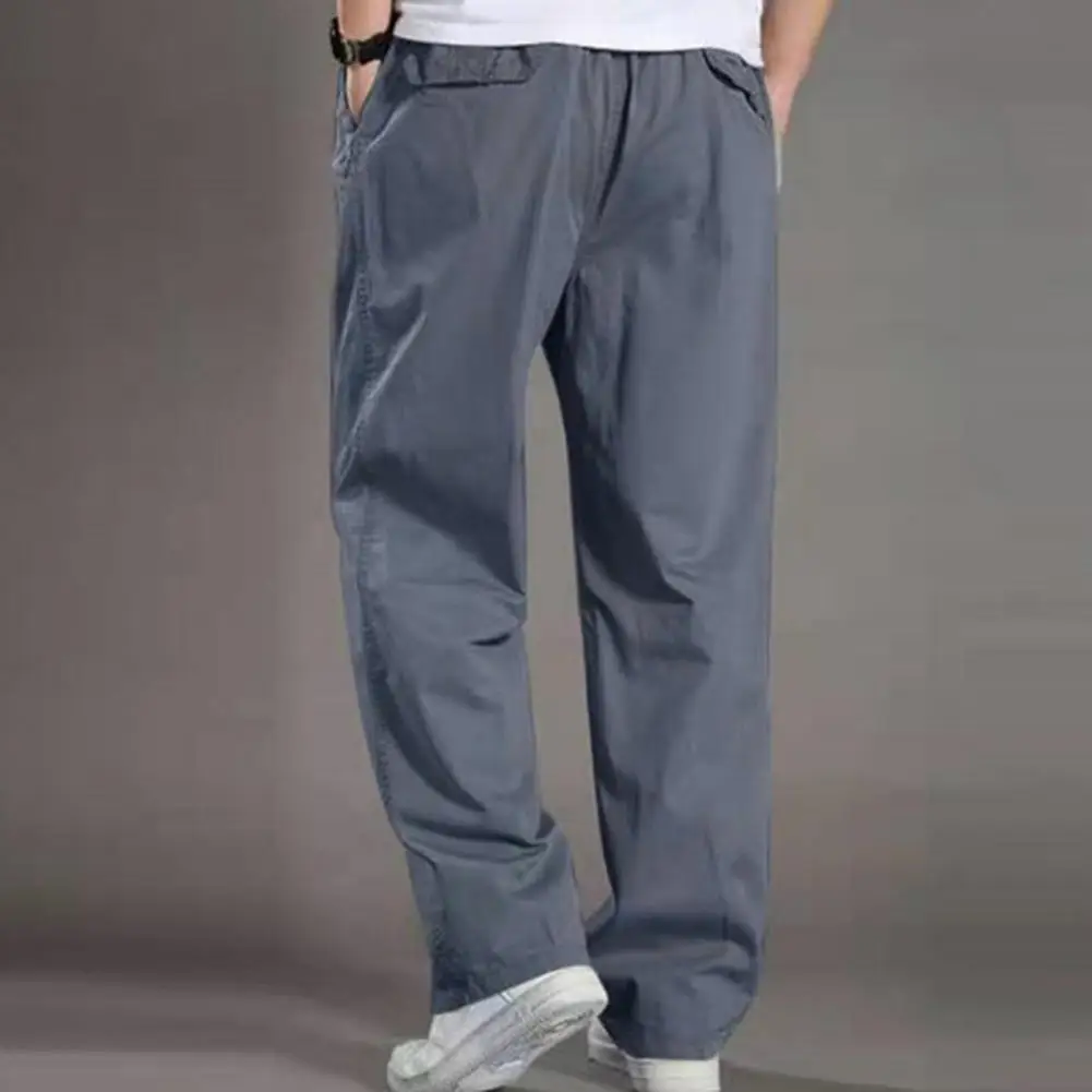 

Elastic Waist Men Trousers Versatile Men's Cargo Pants Elastic Mid Waist Wide Leg Plus Size Solid Color Smooth Soft Cotton