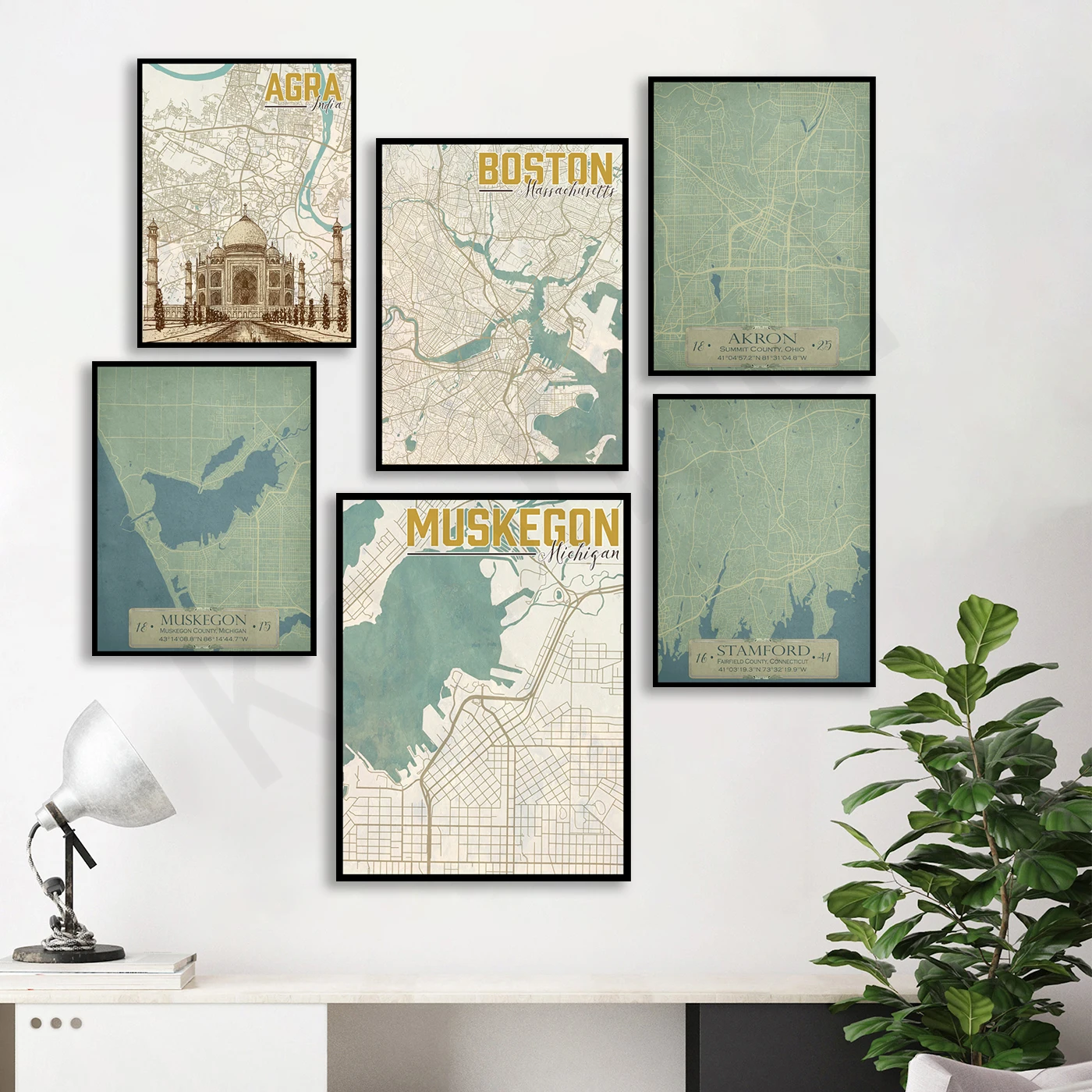 Sandusky Bridgeport Hartford Akron Kansas Rehoentrambi Muskegon Burlington Agra Boston. Poster Della Mappa Di Viaggio Della Città