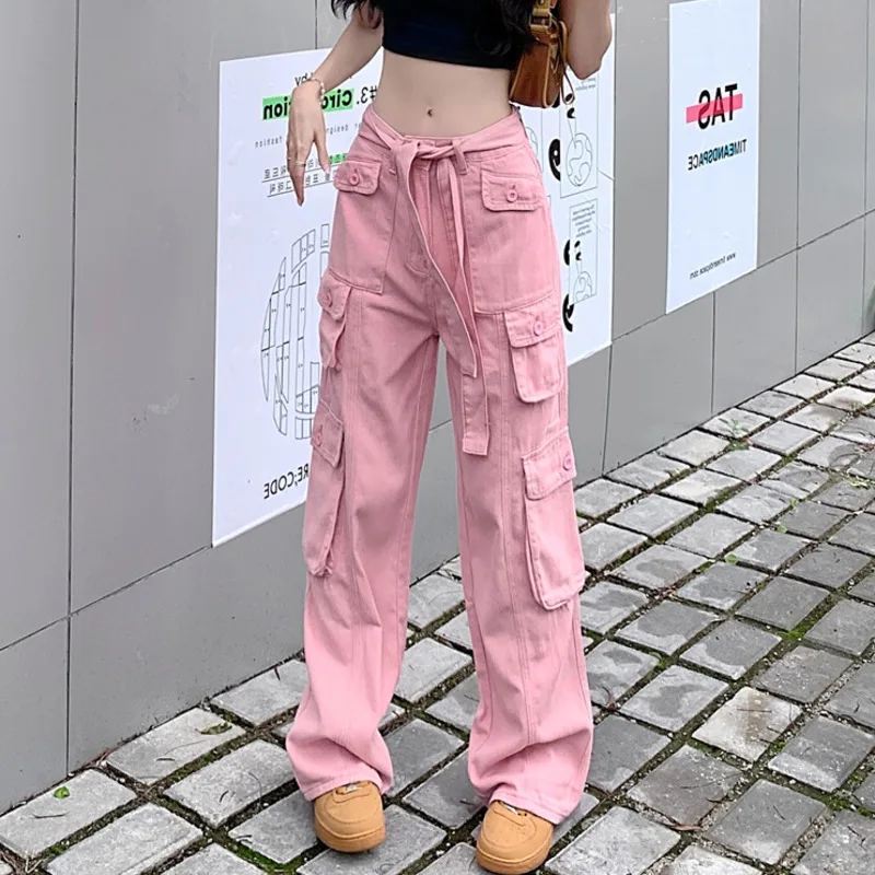 #3149 Black Pink Green Beige Cargo Jeans Women Belt Loose Wide Leg Jeans Female Streetwear Hip Hop Straight Jeans Ladies Pockets