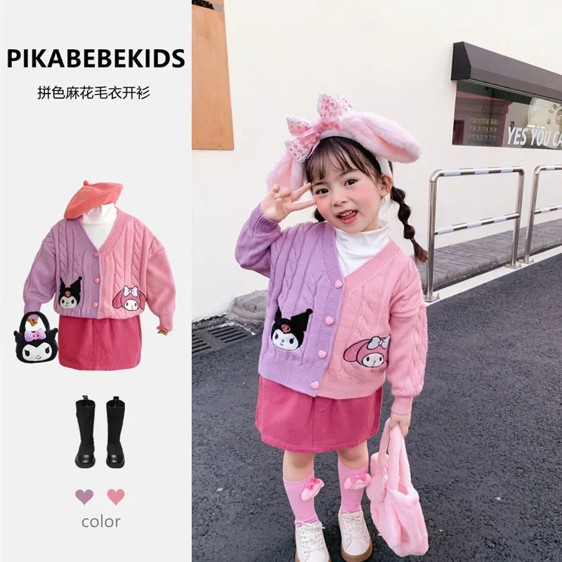 

Girls' 2023 Autumn Cartoon Sanrio Kuromi Knitted Cardigan Children's Color Matching Love Foreigner Sweater Coat