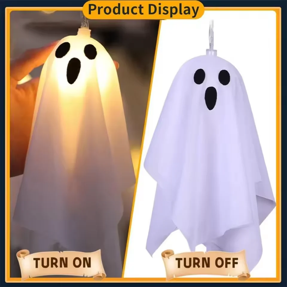 1set Halloween Decoration Hanging Ghosts Spooky Ghosts String Light LED Glowing White Ghost Garland Haunted House Horror Props