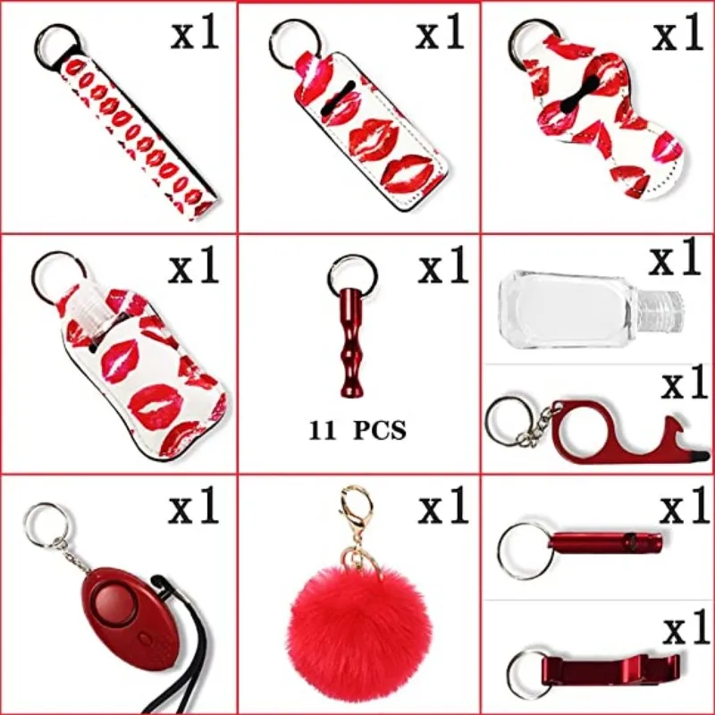 Keychain Set for Women Girls with Safety Alarm 11pieces Portable Key Chains Accessories Chapstick Hoder with Pompom Wristlet