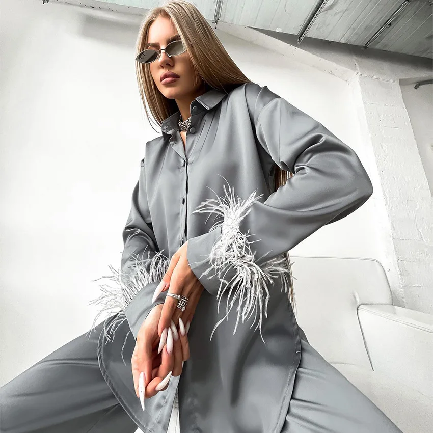 

Women Long Shirt&pants 2Pcs Pajamas Luxury Grey Loungewear Sleep Set Silk Satin Home Clothes Feathers Sleeve Pyjamas Nightwear