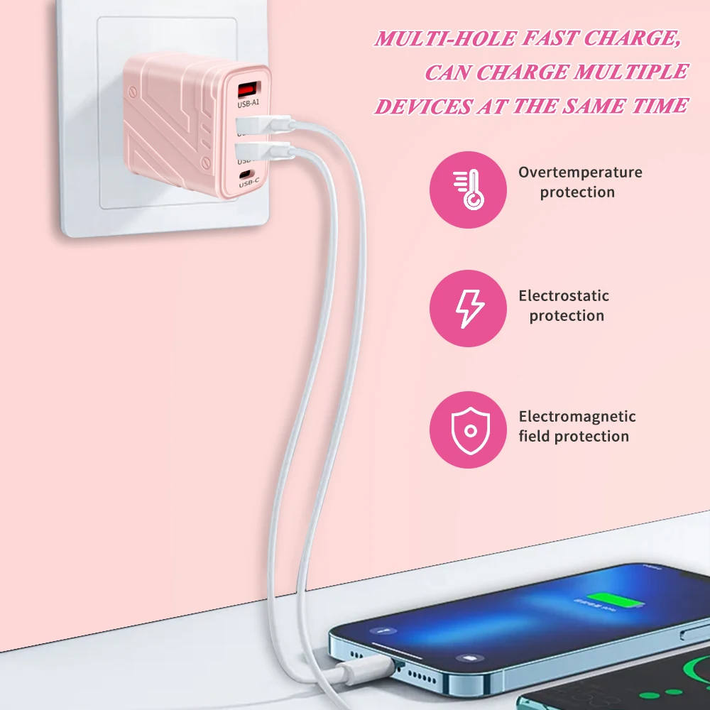 4 Ports USB Charger Quick Charge 3.0 PD Fast Charging Type C Phone Charging Adapter For iPhone 15 14 13 12Pro Max Samsung Xiaomi