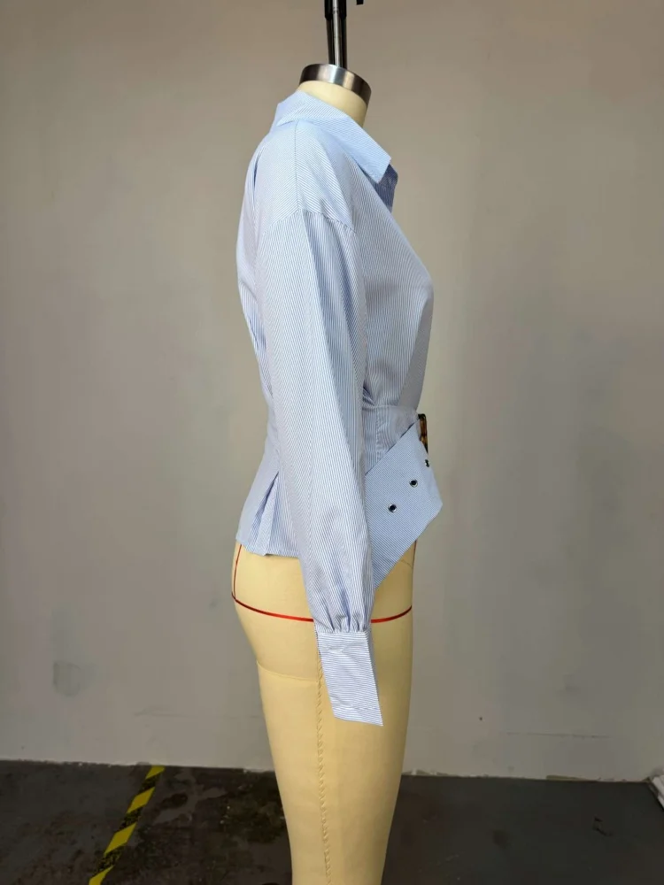 Wmstar Women Tops Wholesale New Design Style Lapel Cinched Waist Tie Short Striped Long Sleeved Shirt with Belt Drop Shopping