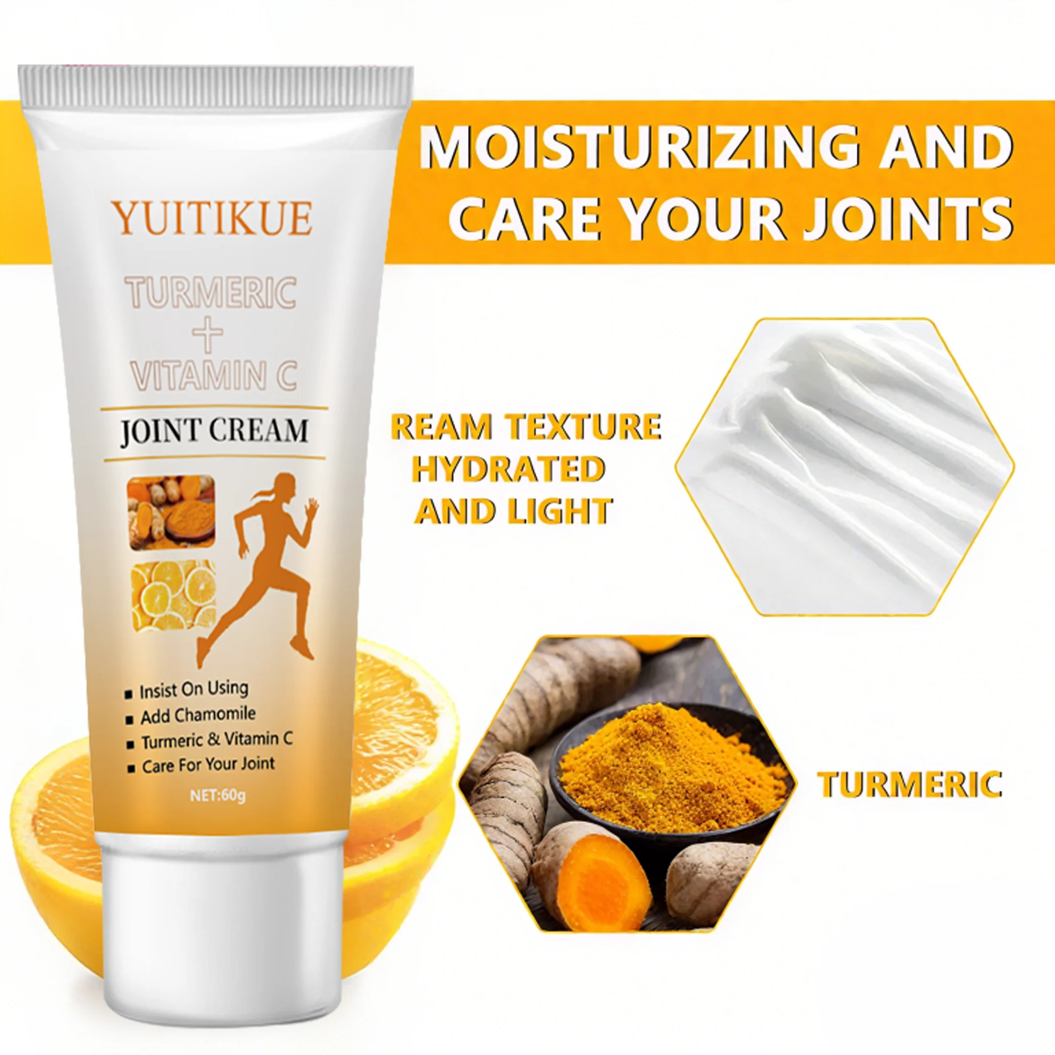 Turmeric, vitamin C, joint cream, consistently use joint cream with chamomile, turmeric, and vitamin C to protect your joints