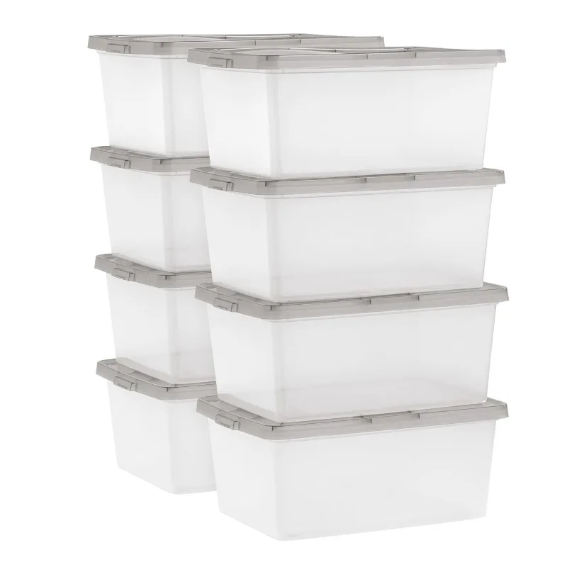 

USA, 17 Qt. Stackable Box, Plastic Storage Bins with Lids, Clear, Gray Lid, Set of 8