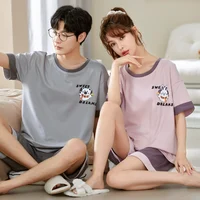 Summer Cotton Short Sleeve Men Pajamas Set Couple Sweet Bear Women Pyjamas Suit Lover Round Neck Nightwear men pyjama set 1