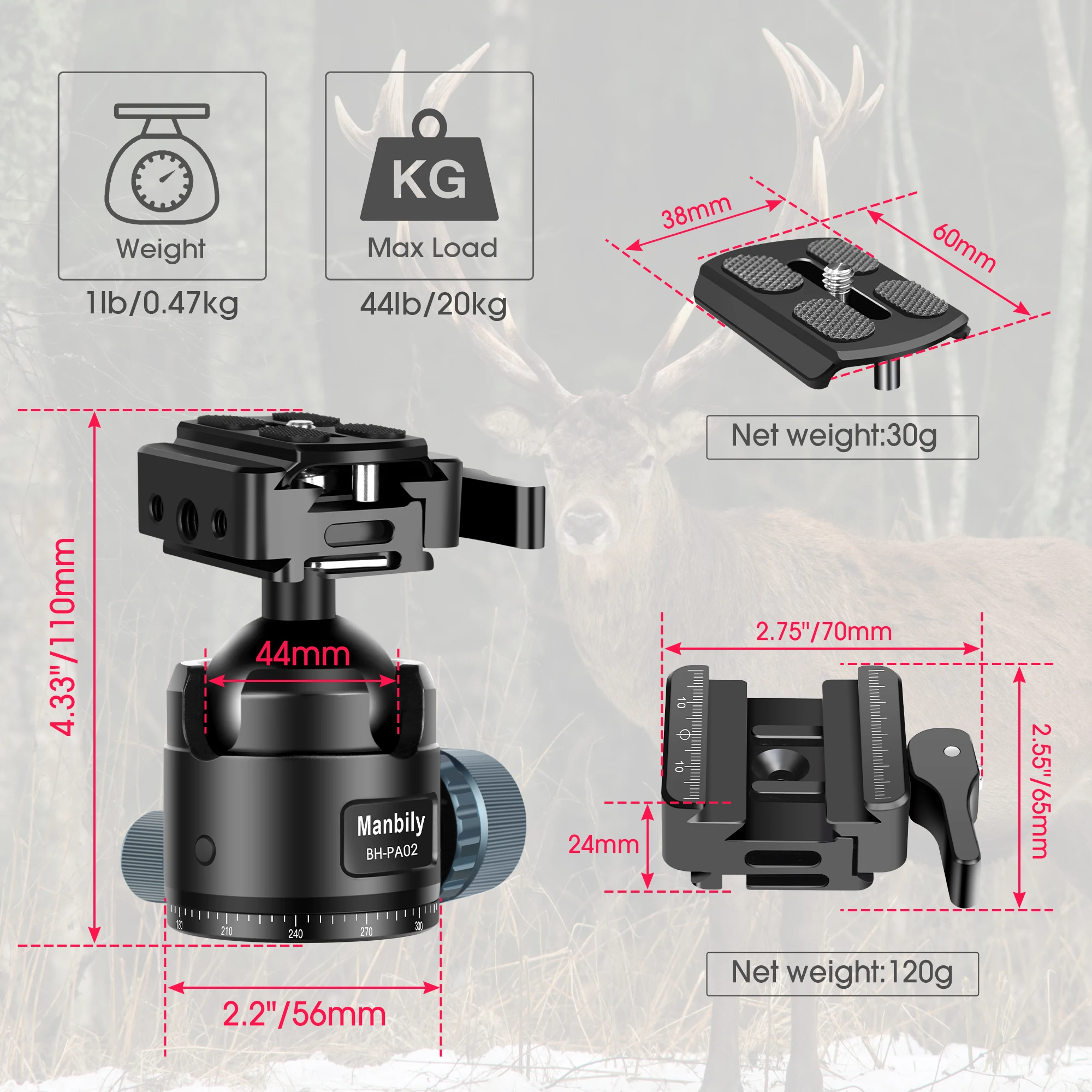 Tripod Ball Head Manbily BH PA02 Tripod ballhead Arca Swiss Shooting Rifle Saddle Mount Tripod Clamp For hunting Max Load 44.09lb/20kg