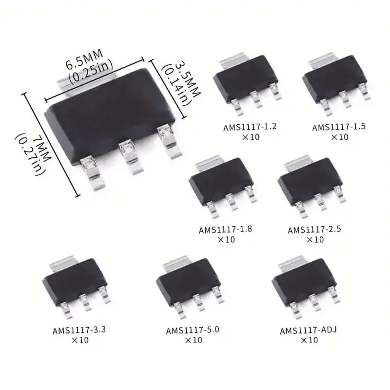 70PCS Voltage Regulator Kit AMS1117 SOT-223 AMS1117-3.3V AMS1117-ADJ AMS1117-5.0V AMS1117-2.5V AMS1117-1.8V AMS1117-1.5V 1.2V-5V image 2