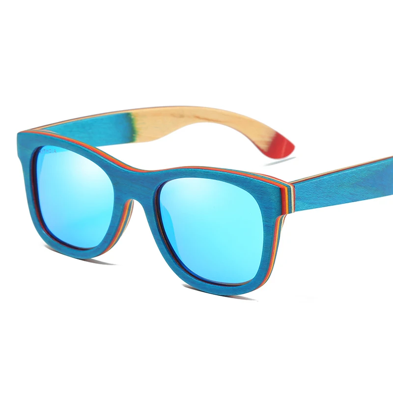 GM Skateboard Wooden Sunglasses Blue Frame With Coating Mirrored Bamboo Sunglasses UV 400 Protection Lenses in Wooden Box W033