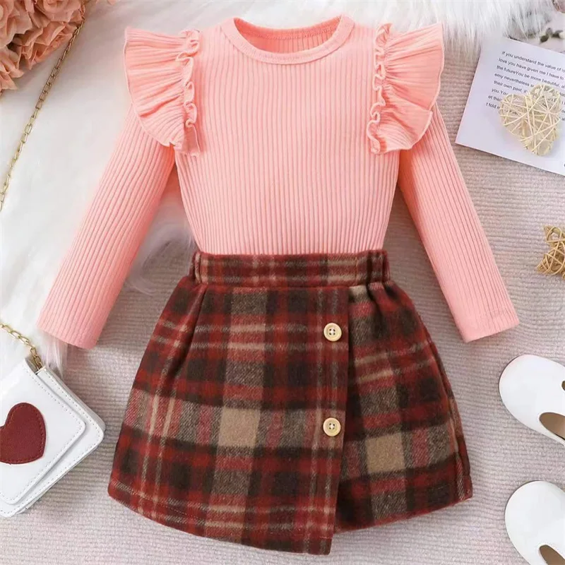 

BeQeuewll Toddler Girls 2PCS Skirt Sets For Fall Long Sleeve Ruffle Ribbed Tops Button Plaid Skirt Sets For 1-4 Years