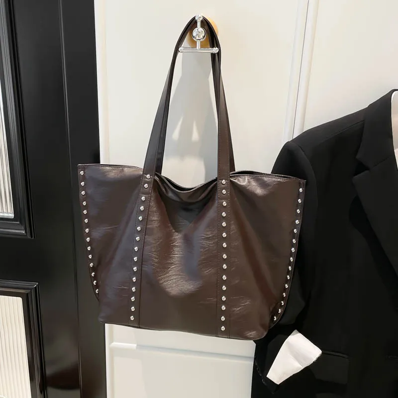 Women Girls PU Leather Studded Underarm Shoulder Bag Rivet Handheld Tote Bag for School Work Daily Use