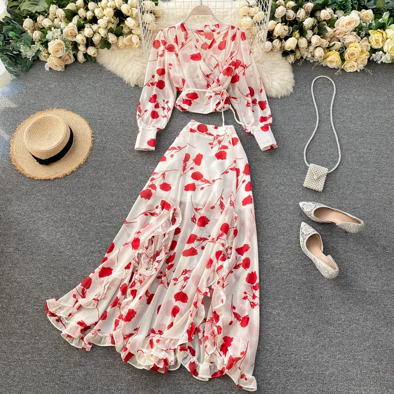 

Women Autumn Bohemian Print Chiffon Two Piece Suit V Neck Long Sleeve Tops+High Waist Irregular Ruffles Split Skirt Set
