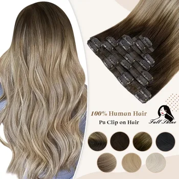 Full Shine Seamless Clip in Hair Extensions Remy Human Hair 8Pcs 100g PU Tape In Hair Extensions Ombre Blonde Color Skin Weft 1