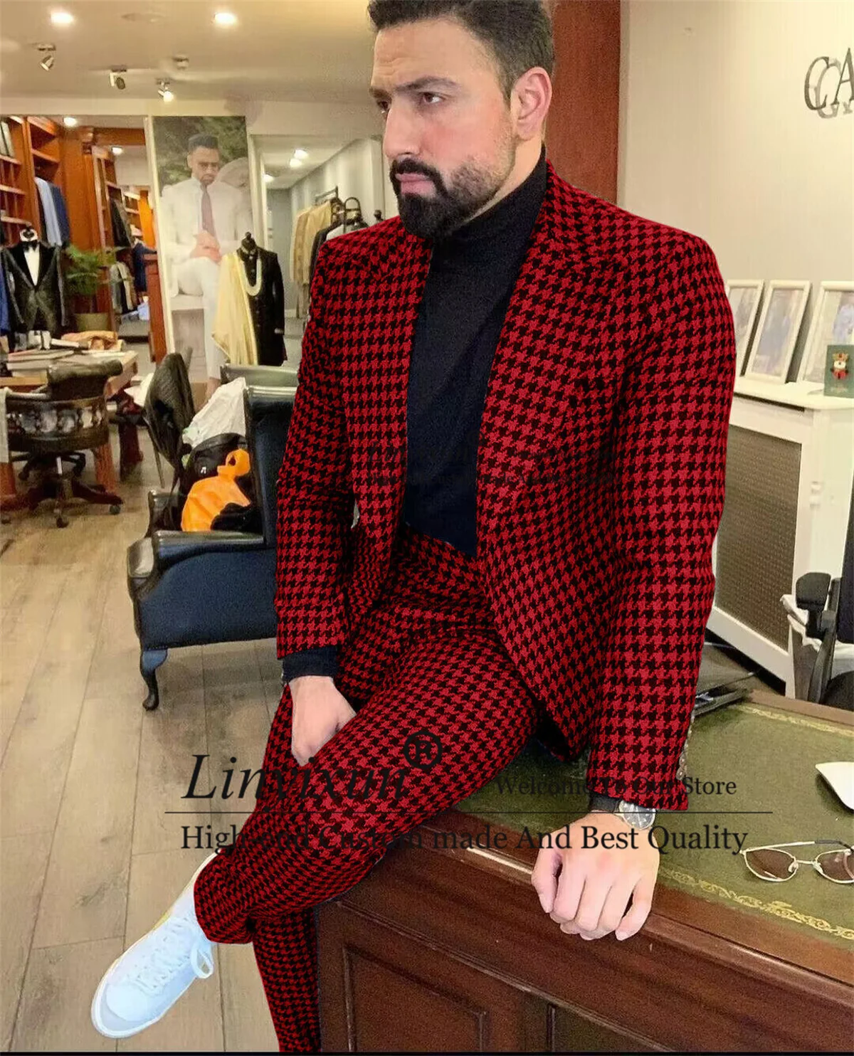 

Houndstooth Mens Tweed Suits 2 Pieces Wedding Groom Tuxedos Pants Vintage Slim Fit Male Prom Blazers Slim fit Costume Homme