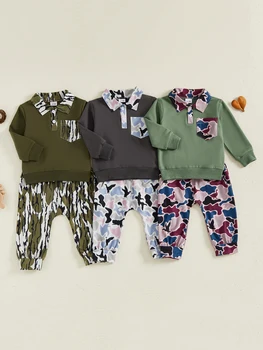 Stylish Infant Boys Outfit Set Featuring Trendy Lapel Top and Camo Pants for a Cool Fall Look - 2 Piece Ensemble 2