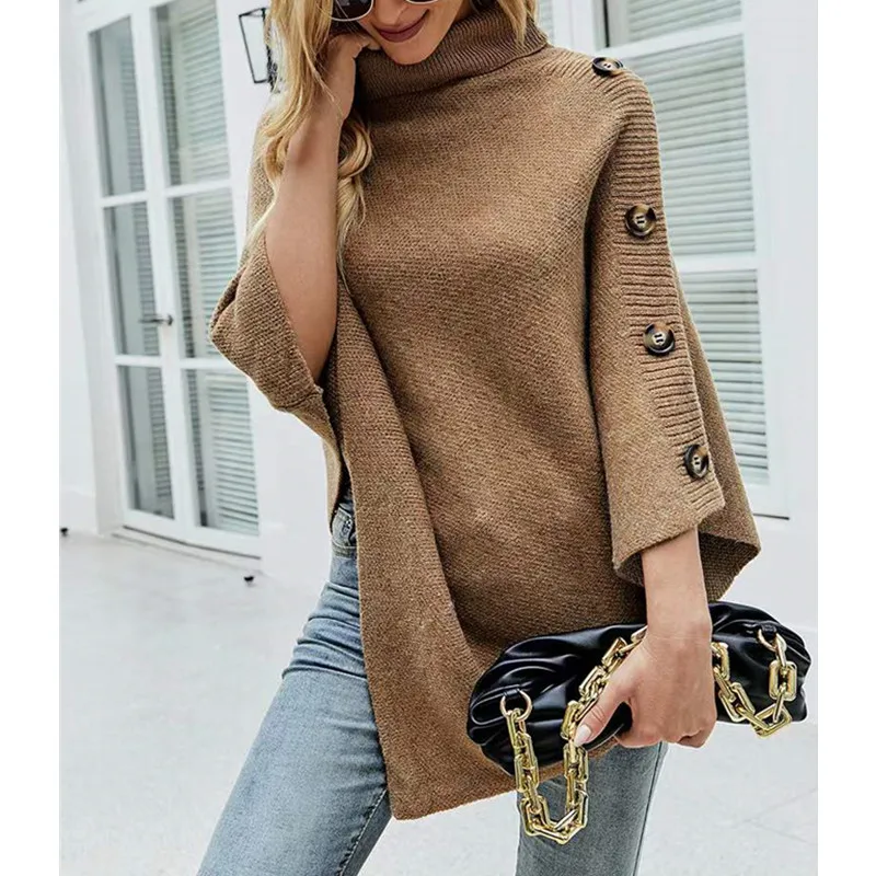 New Fashion Irregular Loose Women's Pullover Turtleneck Shawl Sweater Solid Color Autumn and Winter Knitted Top