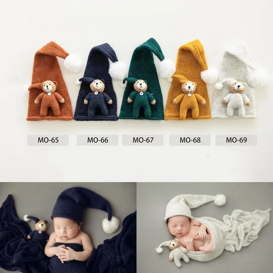 Newborn Baby Photography Props Knitting Soft Cute Bear Doll with Furry Ball Hat 2pcs Set Photoshoot Studio Shooting Photo Props