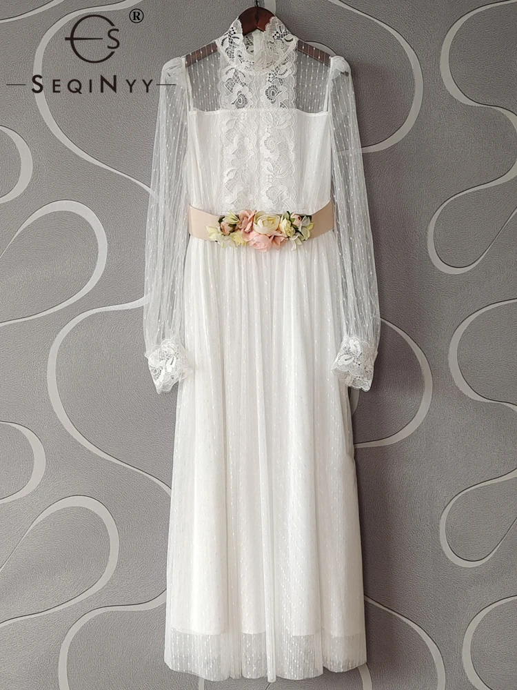 

SEQINYY Party Midi Dress Summer Spring New Fashion Design Women Runway Lace Dot Mesh Elegant Appliques Flower Belt Casual